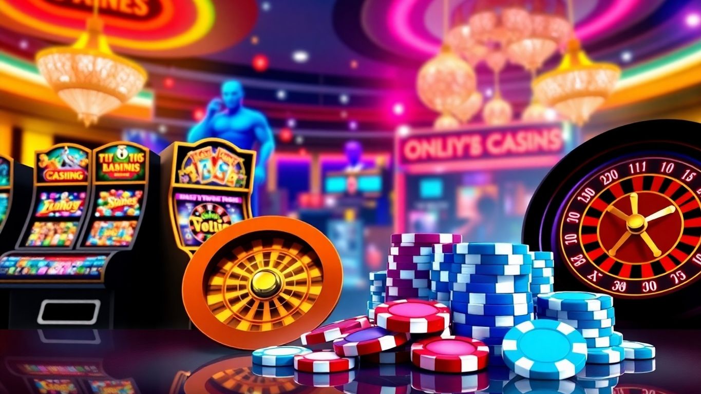 Colorful online casino games and poker chips layout.