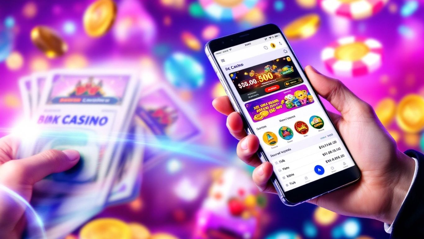 Hand holding cash and smartphone with online casino.