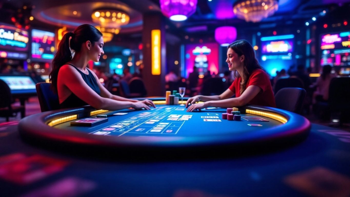 Live dealer table in an energetic casino setting.