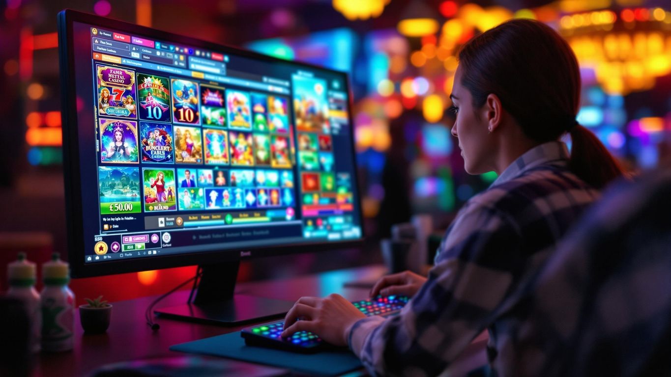 Person playing online casino games at a computer.