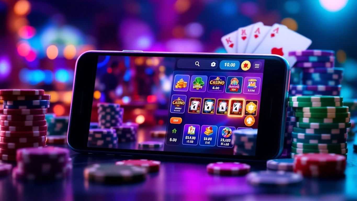 Smartphone with casino game and playing cards.