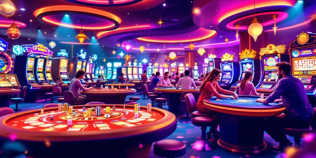 Exciting online casino scene with colorful gaming tables.