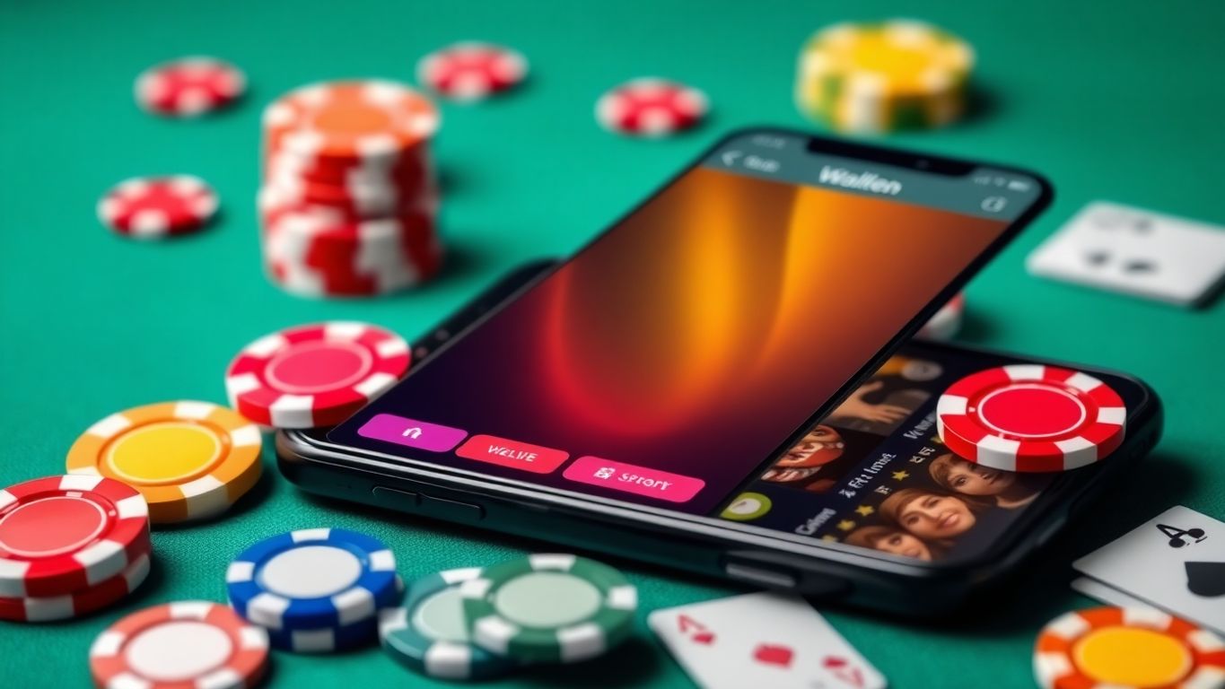 Smartphone with e-wallet app and casino elements.