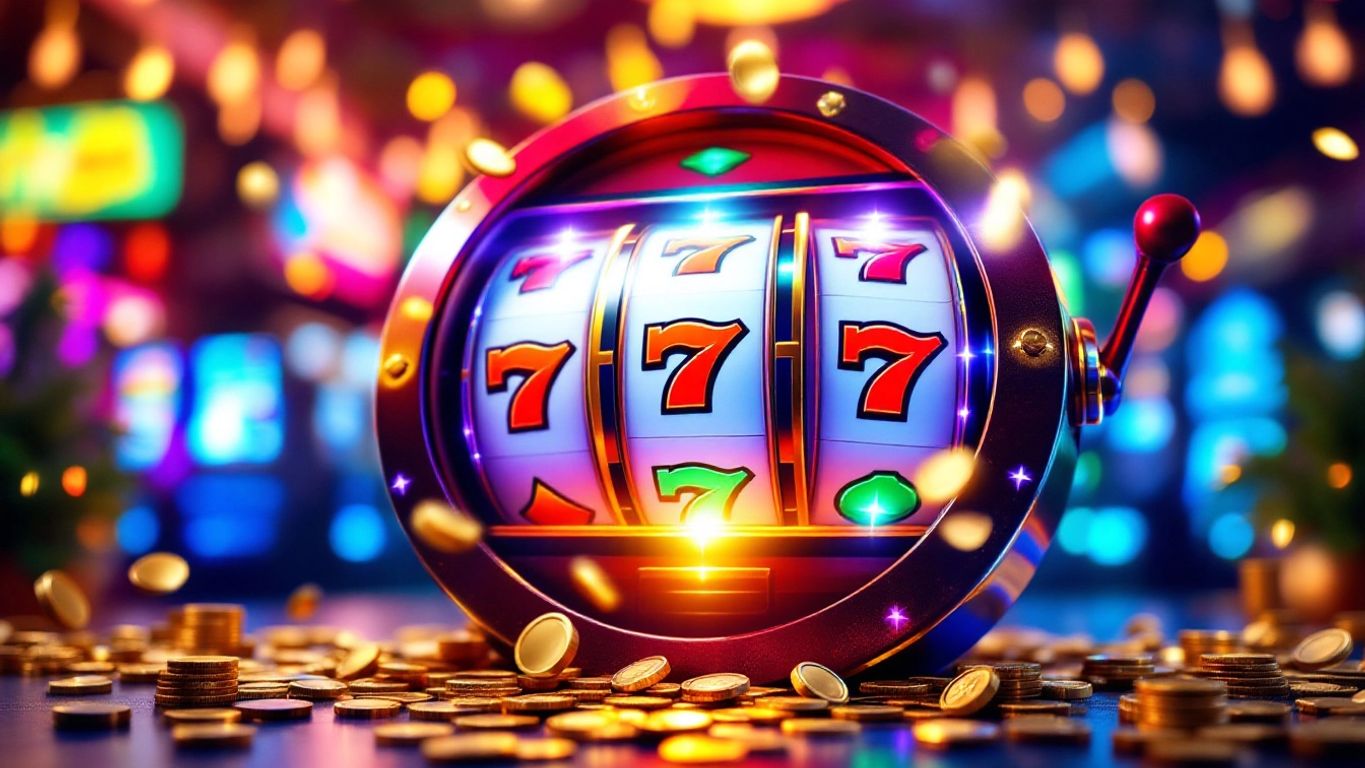 Colorful slot machine with coins and casino lights.