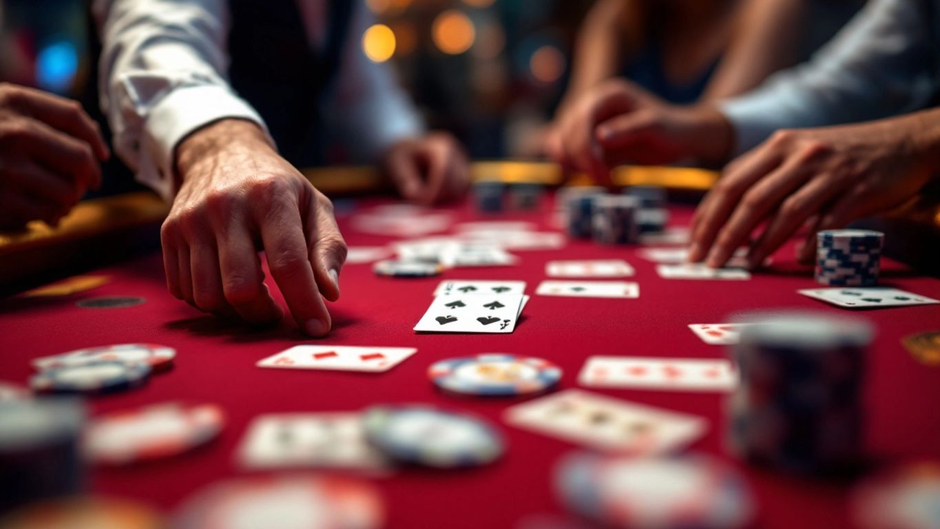 Blackjack table with cards and chips in a casino.