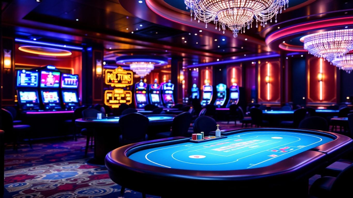 Luxurious online casino environment with gaming tables and lights.