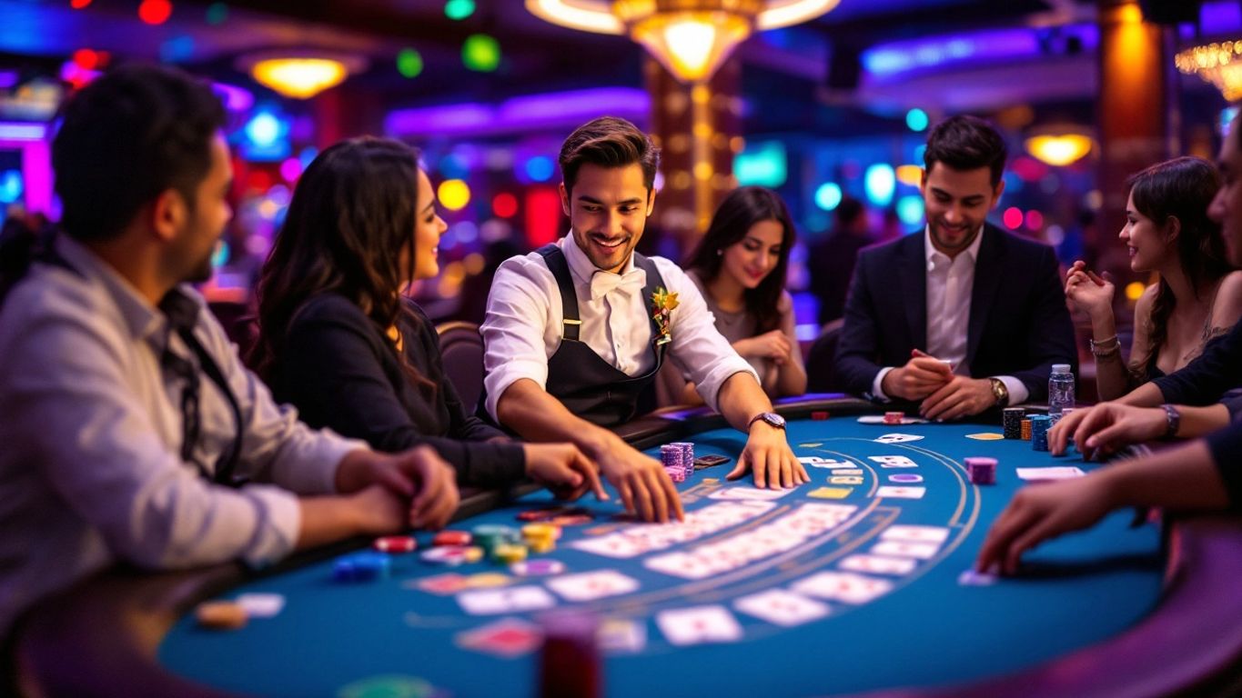 Live casino gaming scene with dealer and players.