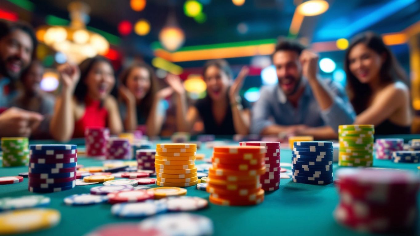 Casino table with chips and credit cards for online gaming.