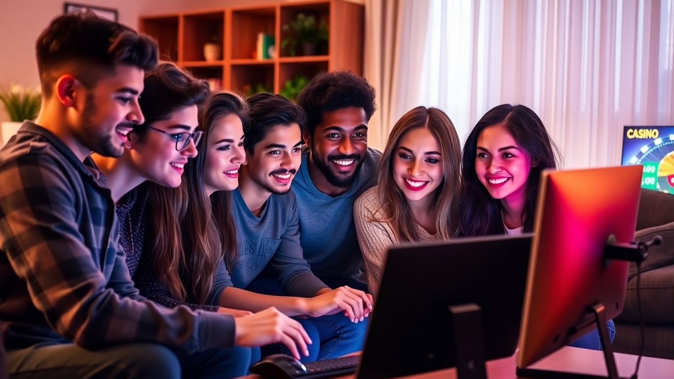 Group of young adults playing online casino games together.