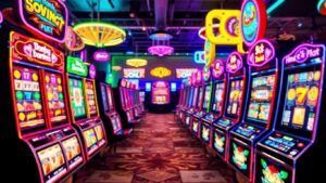 Colorful online slot machines with spinning reels and lights.