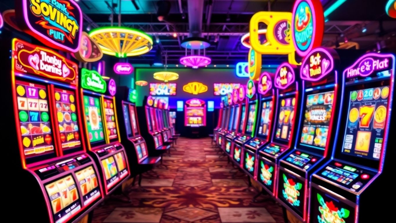 Colorful online slot machines with spinning reels and lights.