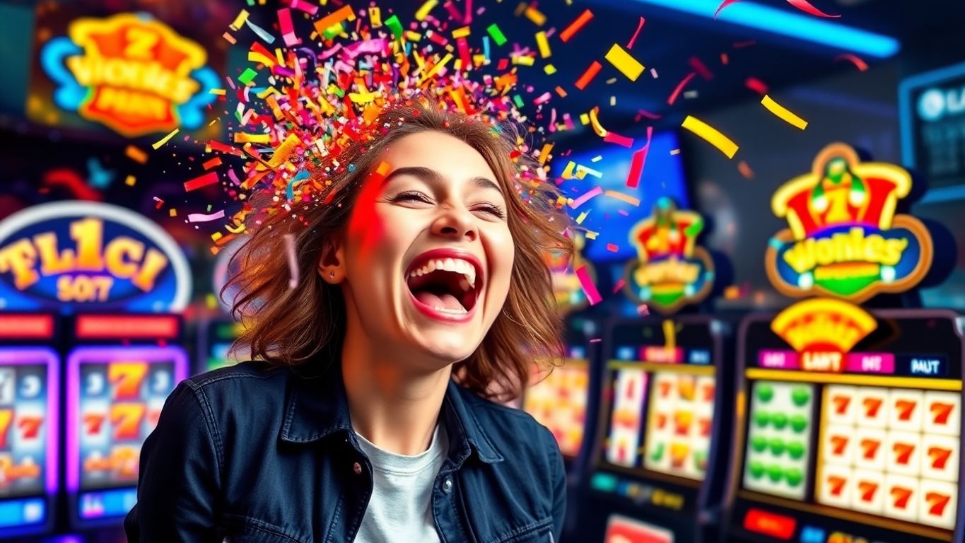 Person celebrating with confetti, evoking slot win excitement.