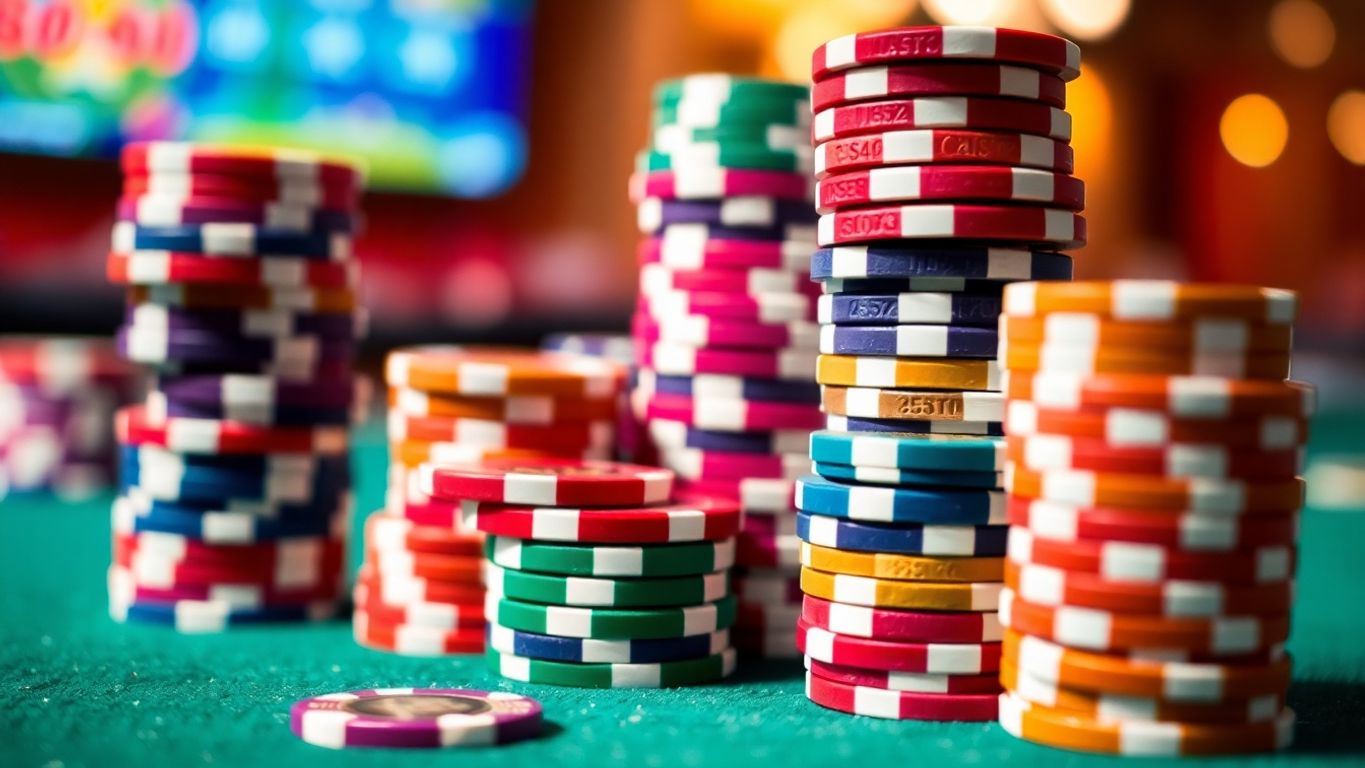 Colorful casino chips on a green felt table.