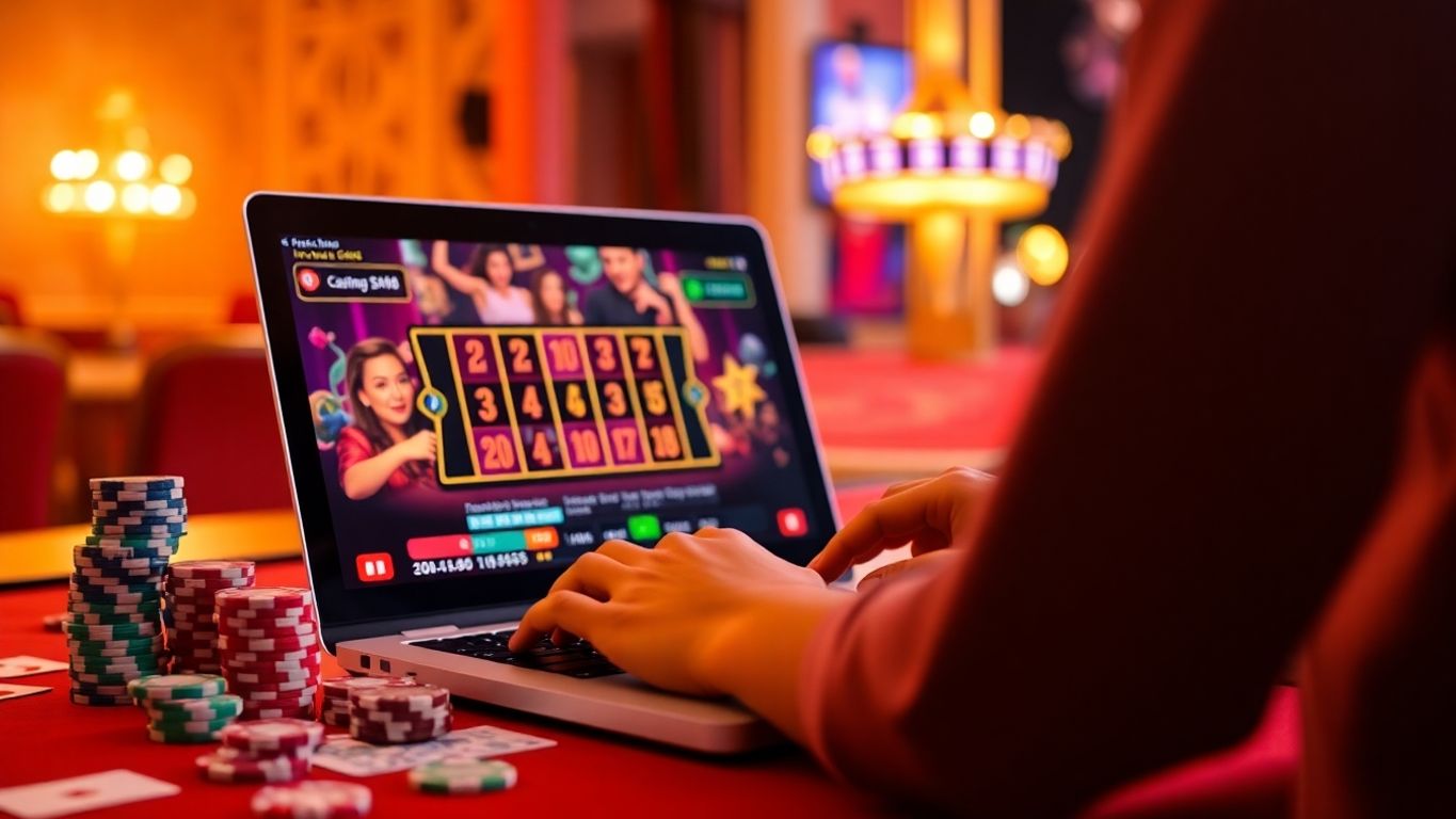 Person playing online casino on laptop with colorful chips.