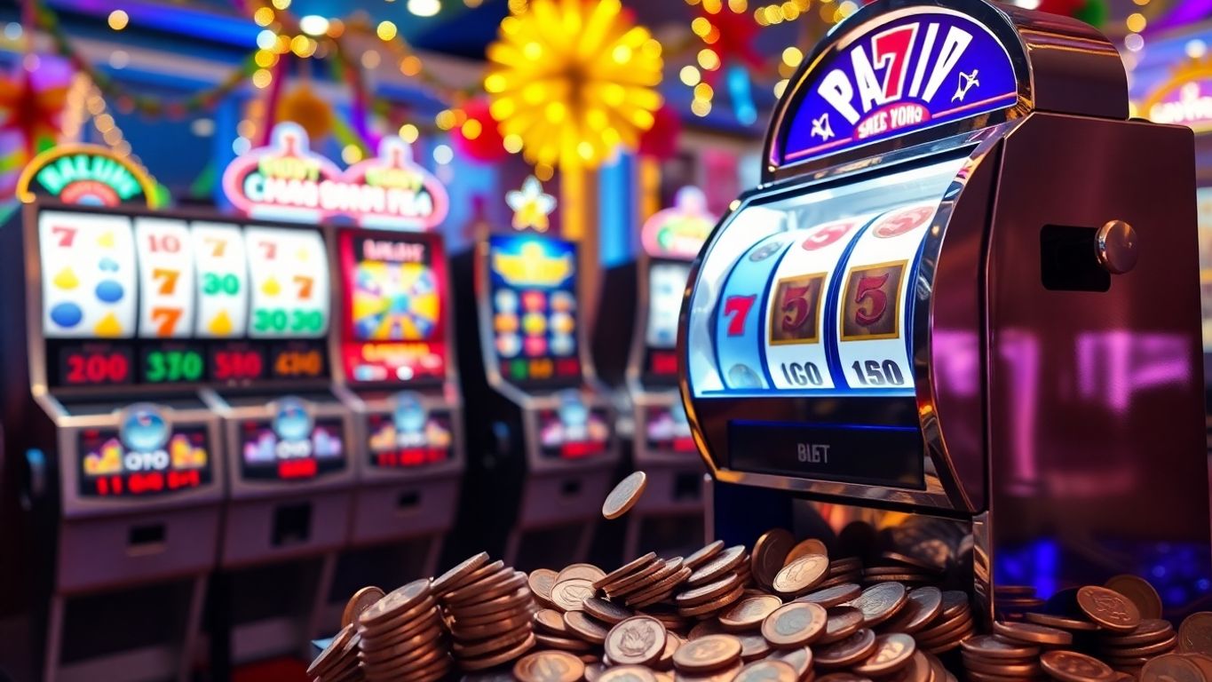 Colorful slot machines with coins and festive decorations.