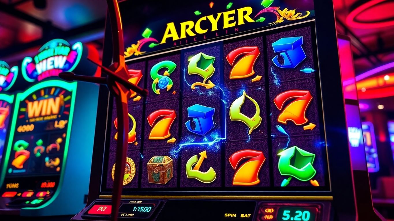 Archer-themed slot machine with colorful symbols and lights.