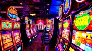 Colorful slot machines in a vibrant gaming environment.