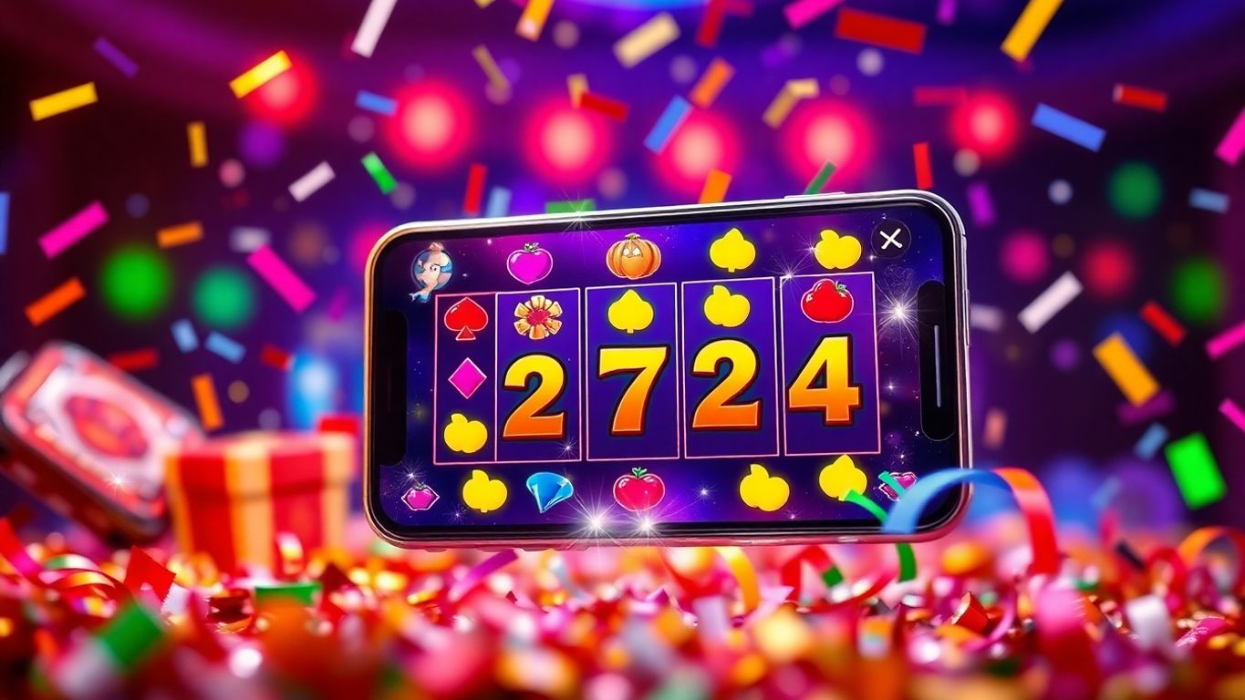 Smartphone with colorful slot games and confetti.