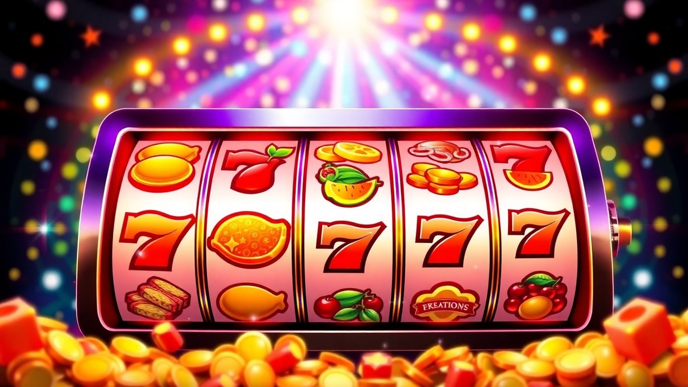 Colorful slot machine reels with fruits and lucky sevens.