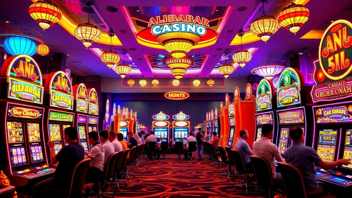 Colorful slot machines in a lively casino setting.