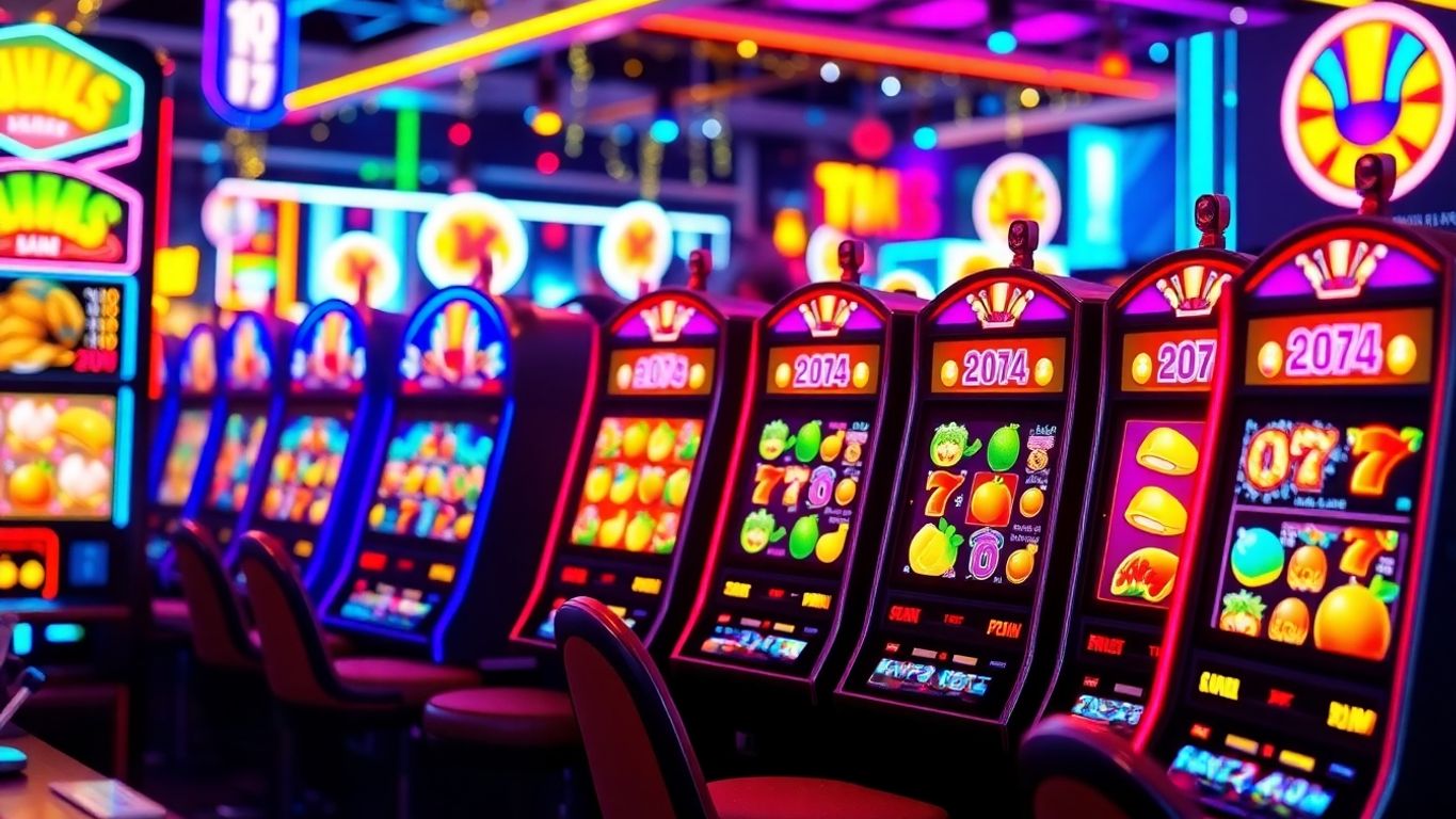 Colorful online slot machines with spinning reels and symbols.