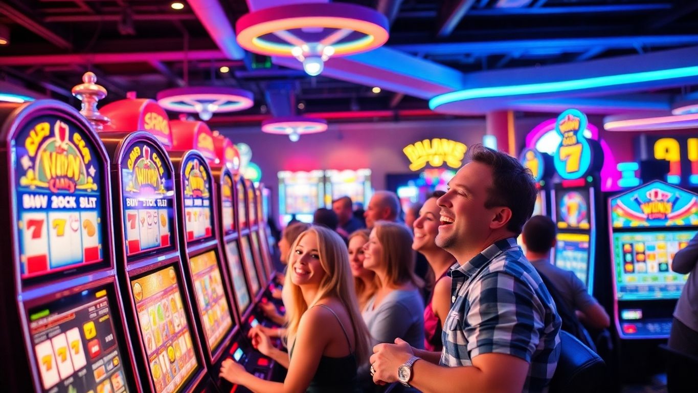 Colorful slot machines in a lively casino environment.