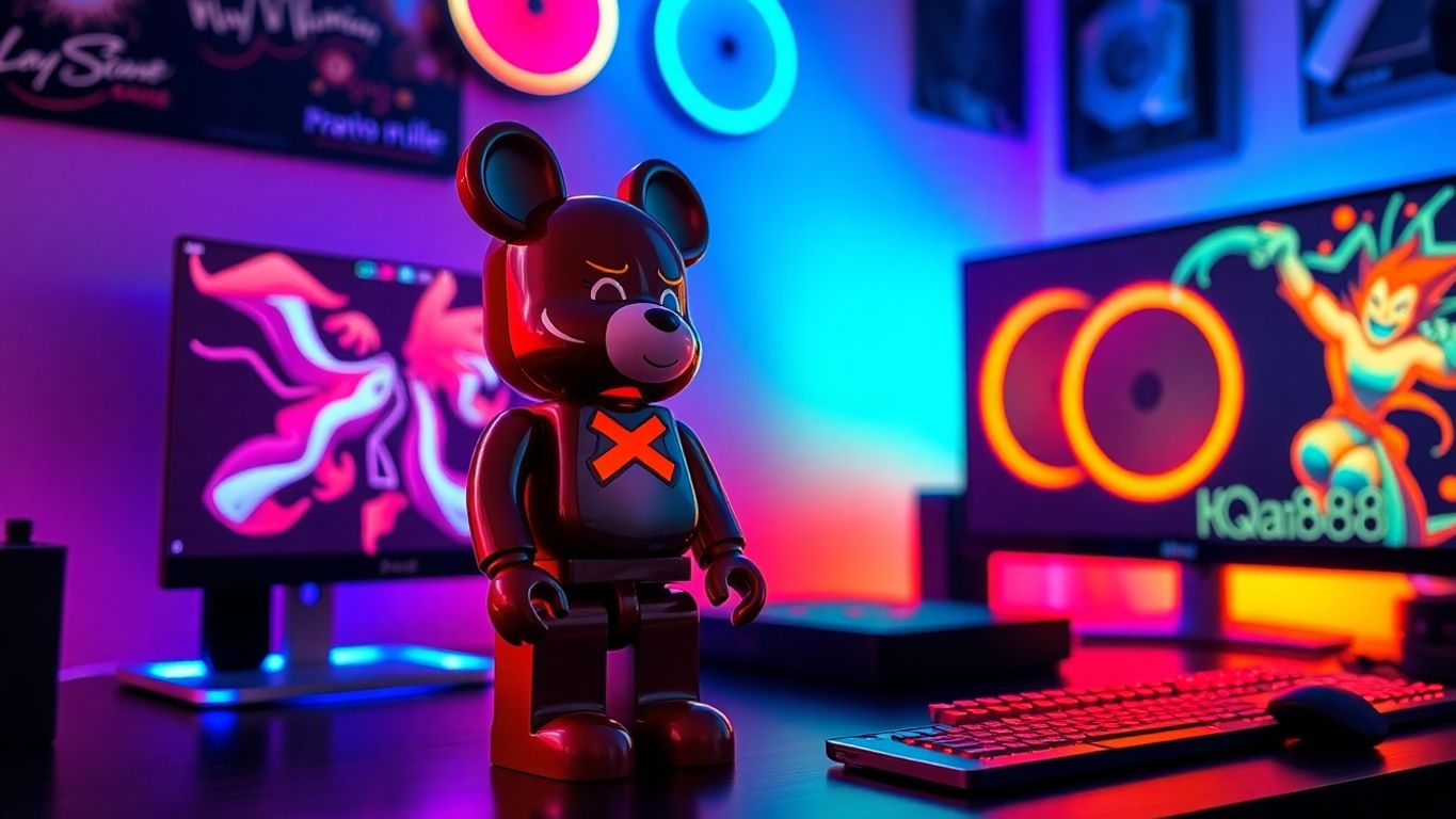 Bearbrick888 figure on a colorful gaming setup.