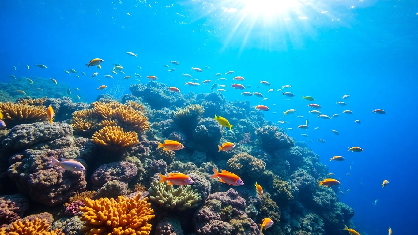 Underwater coral reef teeming with tropical fish.