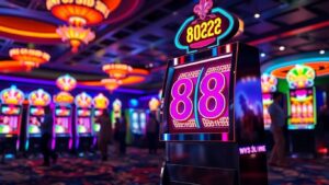 Colorful slot machine with 888, bright casino atmosphere.