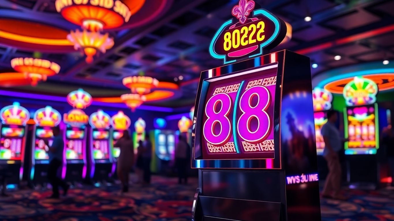 Colorful slot machine with 888, bright casino atmosphere.