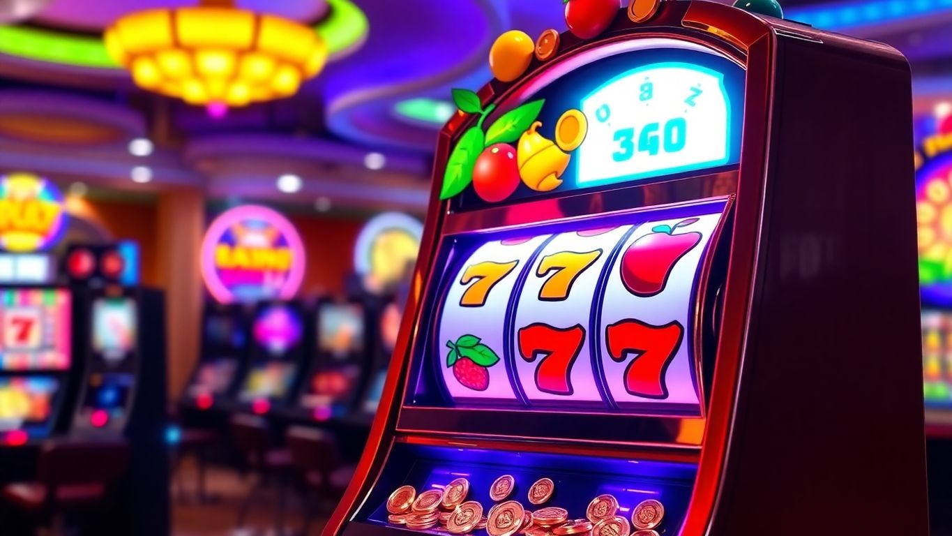 Colorful slot machine with fruits and shining coins.