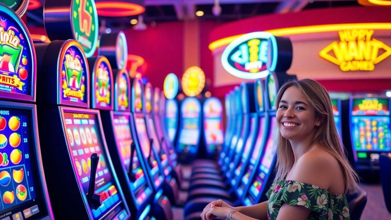 Colorful slot machines in a lively casino setting.