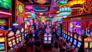 Colorful Asian casino floor bustling with excitement.