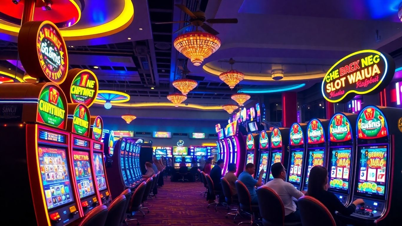 Colorful slot machines in a lively casino environment.