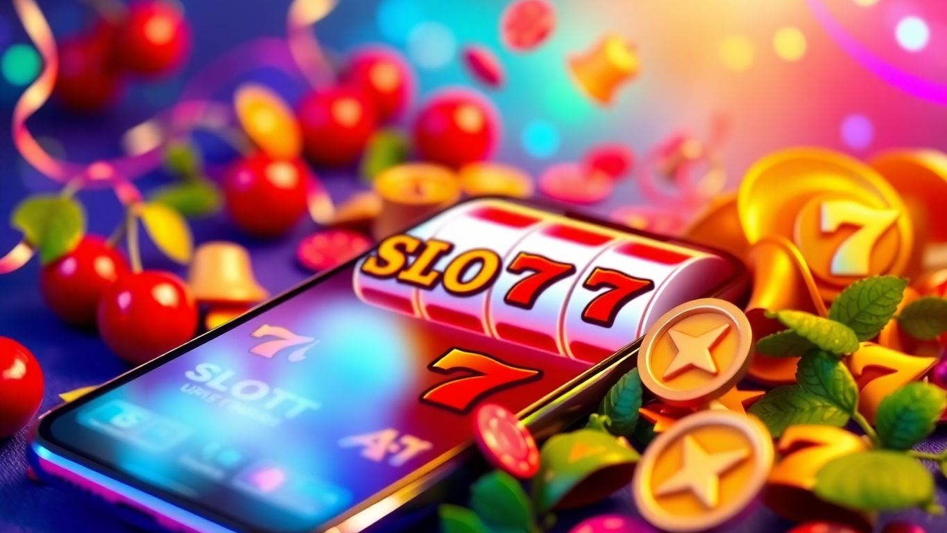 Smartphone displaying vibrant free slot game symbols.