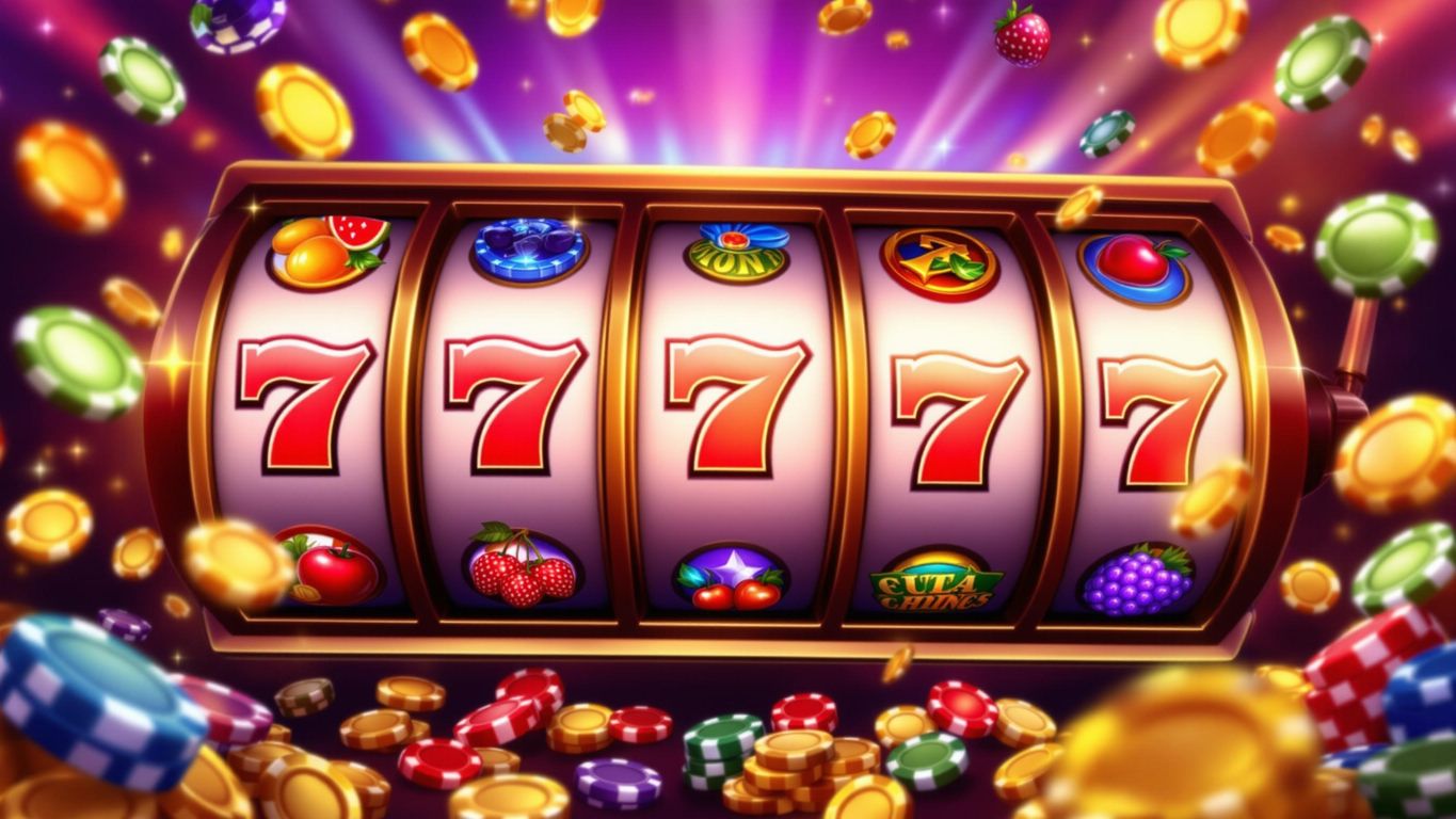 Colorful slot machine and casino chips in vibrant setting.