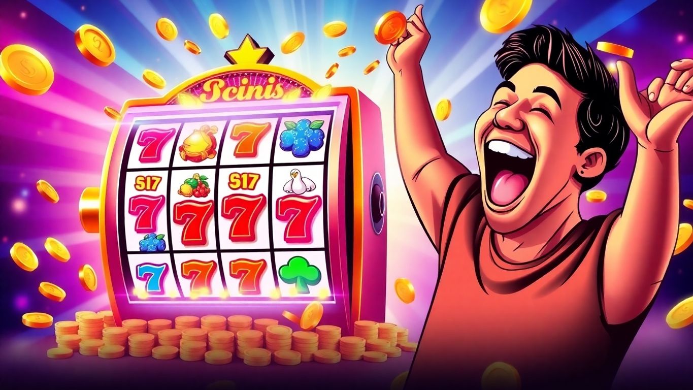 Colorful slot machine with coins and a happy player.