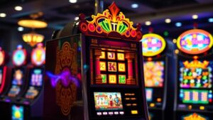 Colorful temple-themed slot machine in a casino.