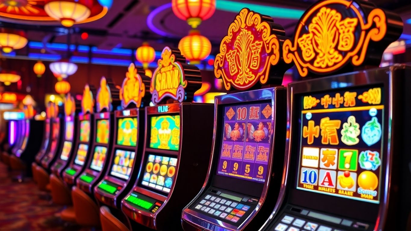 Vibrant Asian slot machines in a lively casino atmosphere.