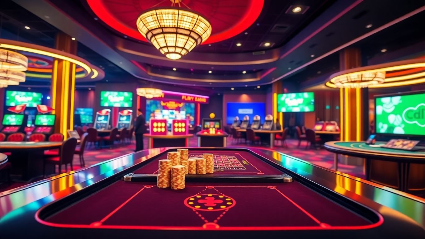 Luxurious online casino setup with gaming tables and screens.