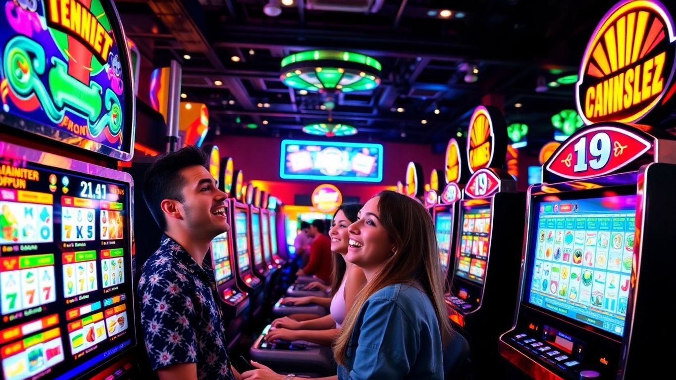 Gamers enjoying slot machines in vibrant Manchester venue.