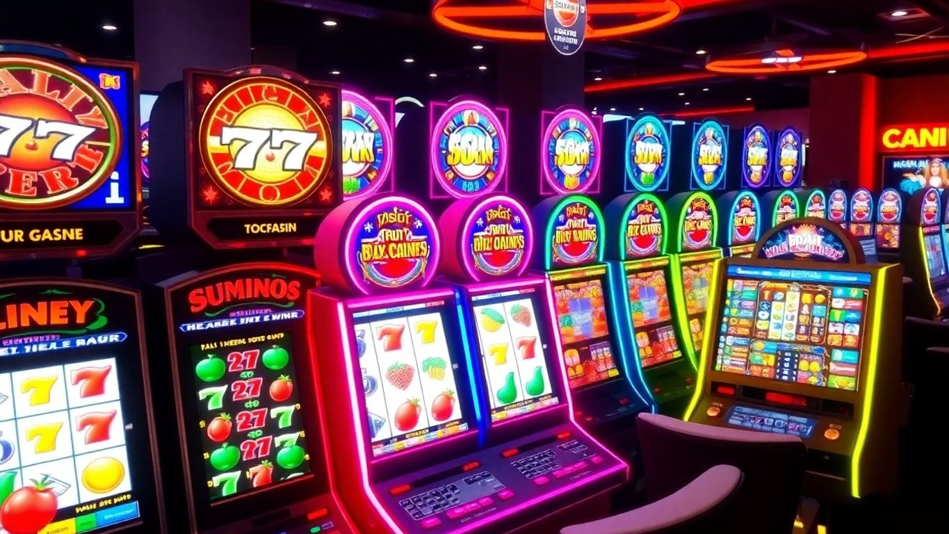 Colorful online slot machines with spinning reels.