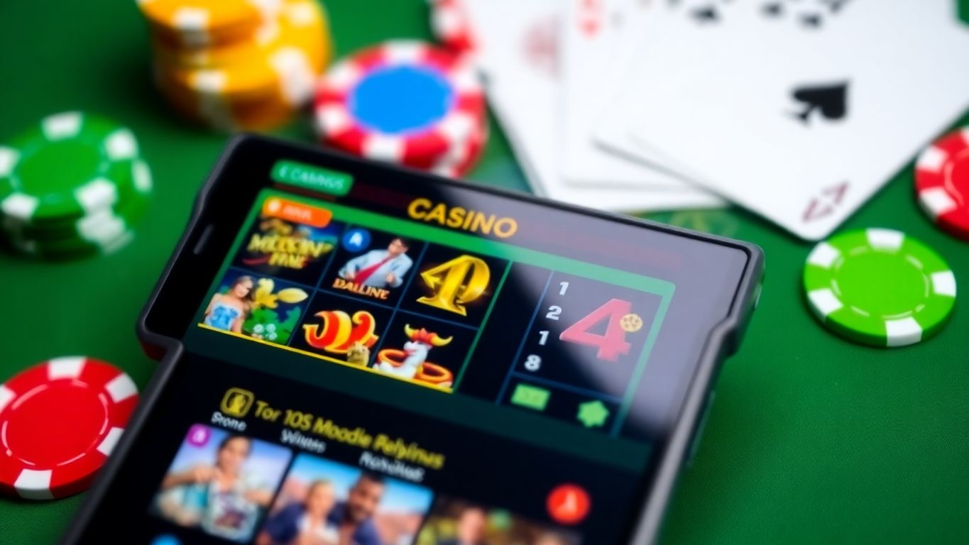 Smartphone with online casino game and colorful chips.