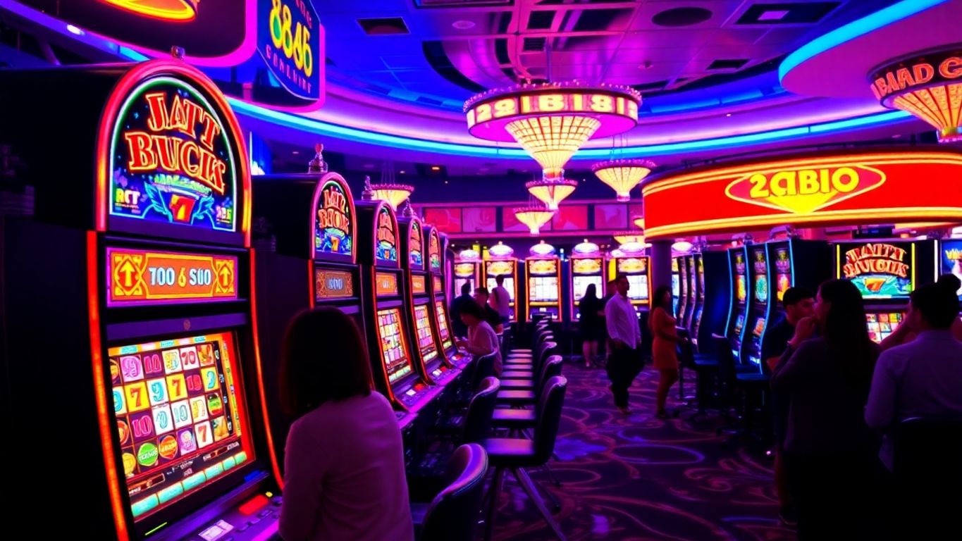 Colorful slot machines in a lively casino setting.