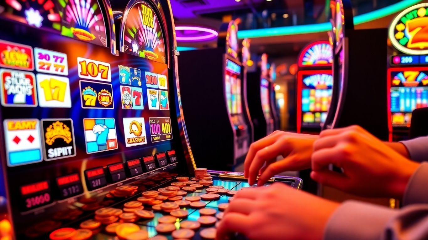 Colorful slot machine in a lively casino setting.