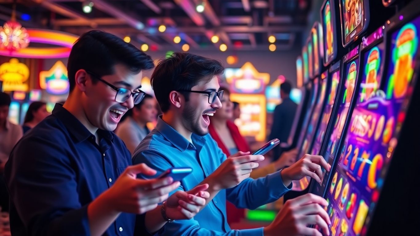 Excited gamers playing slot games on digital devices.