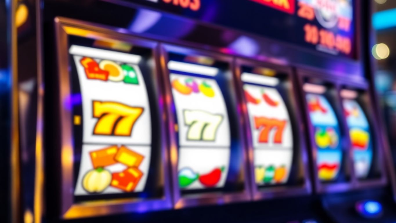 Close-up of a colorful slot machine with spinning reels.