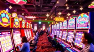 Colorful slot machines in a lively casino setting.