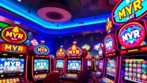 Colorful MYR slot machines in a lively casino.