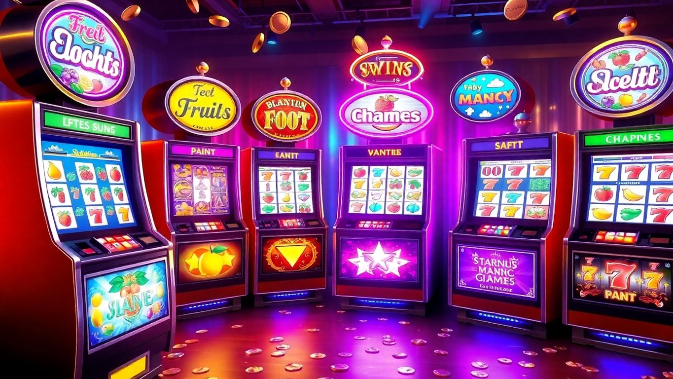 Colorful slot machines in a lively casino atmosphere.